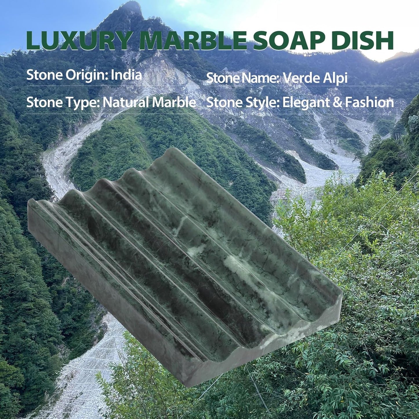 Koville Indian Natural Marble Soap Dish for Shower, Stone Soap Tray for Bathroom, Bar Soap Holder for Sink, Stripe Grooves Saver Sponge Holder Keep Soap Bars Dry Easy Clean (Verde Alpi)