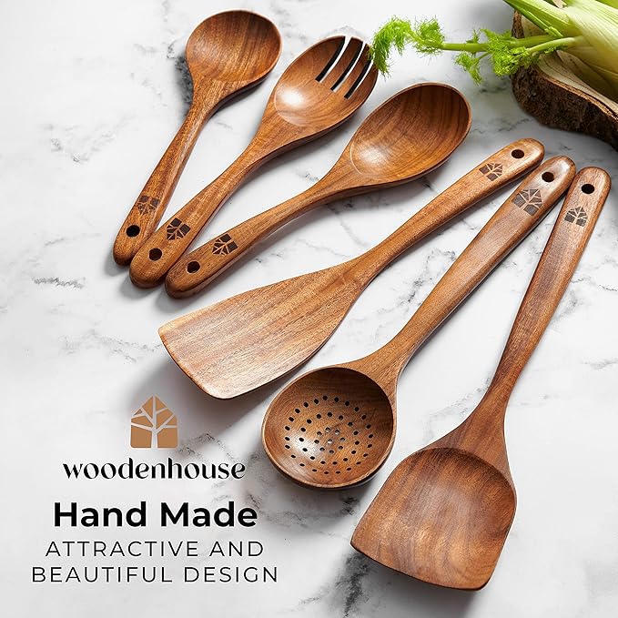 Wooden Spoons for Cooking – Wooden Kitchen Utensils Set, 6 Pcs Teak Wood Utensil Set – Comfortable Grip Non–Stick Wooden Cooking Utensils - Kitchen Gifts for Women Men, Cooking Gifts for Men Women