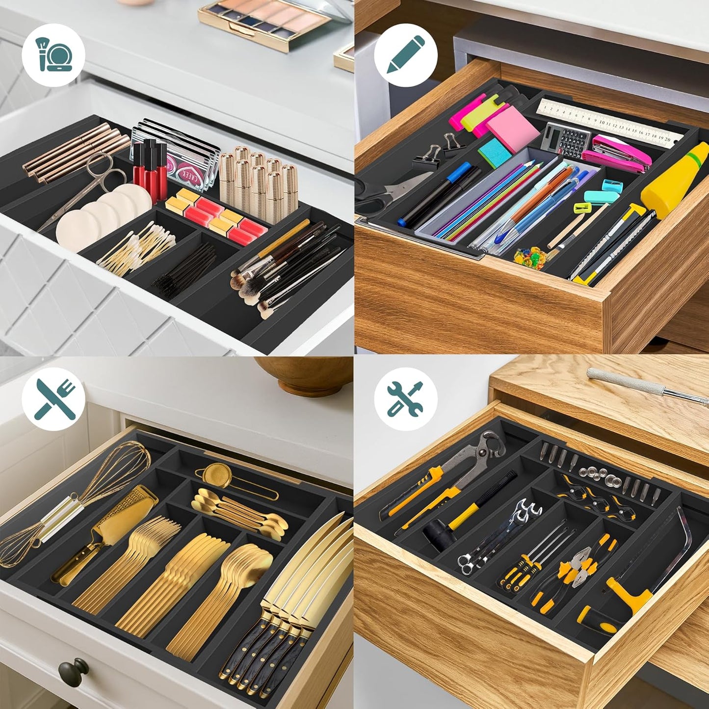 Sben Expandable Drawer Organizer for Utensils Holder, Adjustable Cutlery Tray, Wood Drawer Dividers Organizer for Silverware, Flatware, Knives for Kitchen (Black)