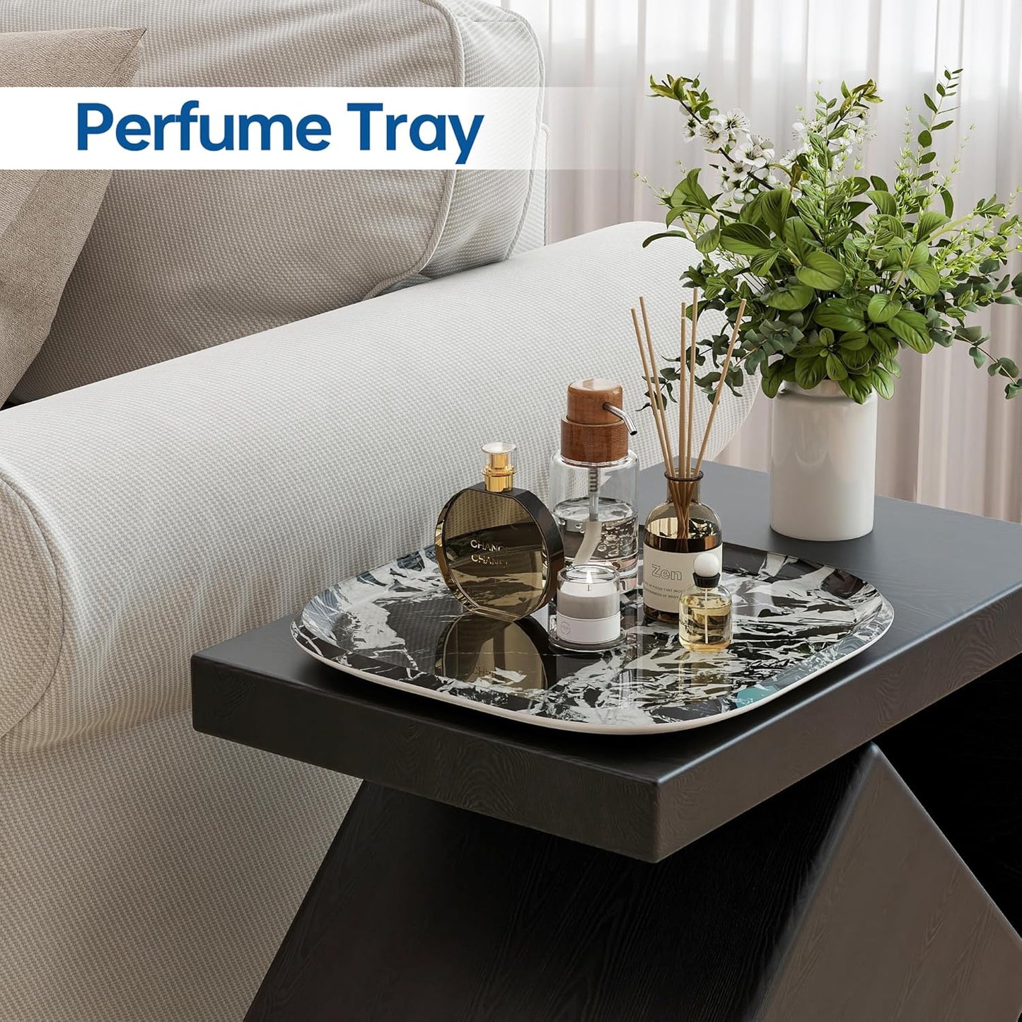 Vanity Decorative Glass Tray,12" x 12" Black Marble Pattern Perfume Tray, Bathroom Tray Countertop Organizer for Soap Towel, Jewelry, Candle