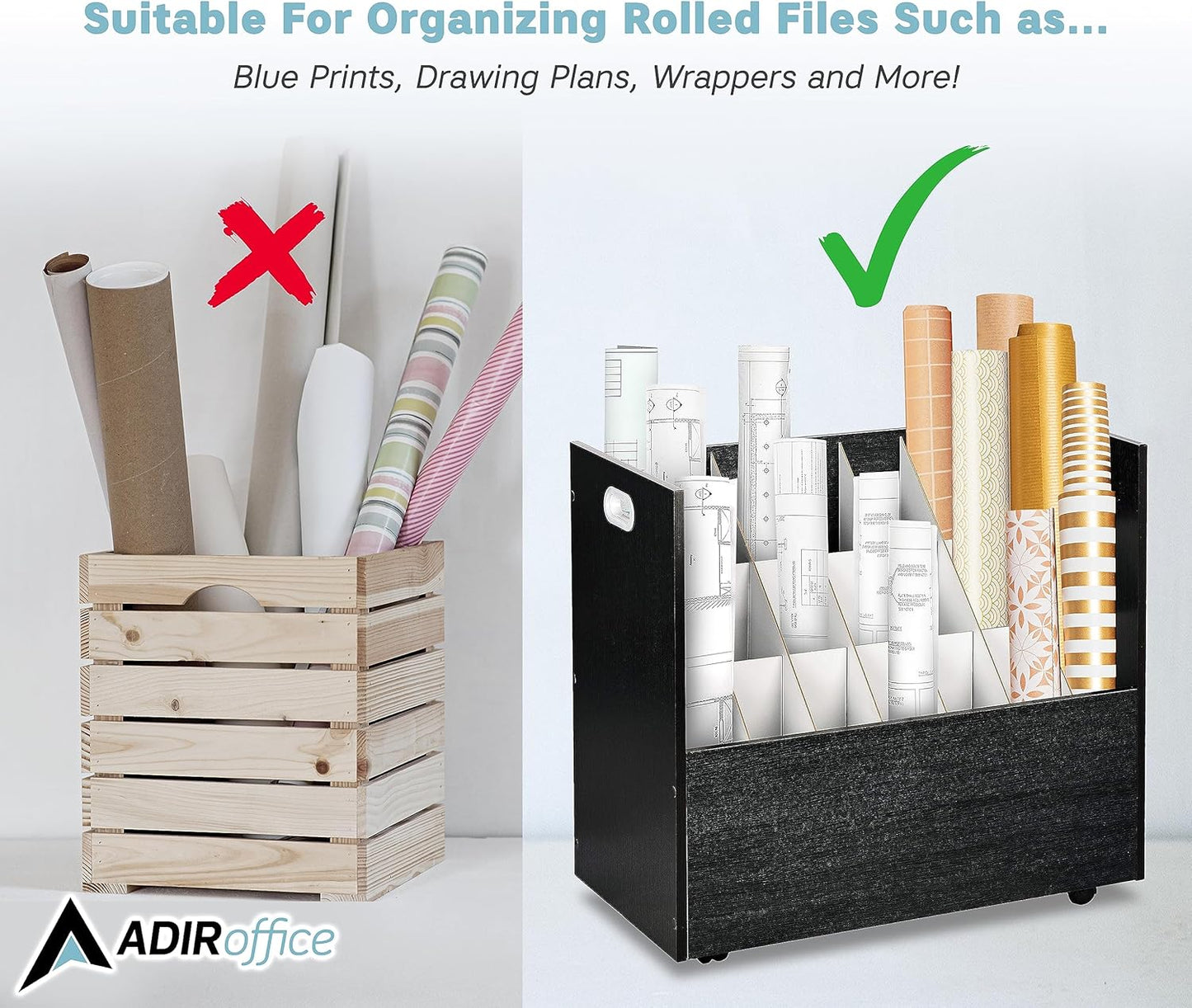 Adir Blue Print Storage Organizer - Mobile Roll File Cart, Construction Plan Holders, Blueprint Cabinet with Wheels, Roll Files Storage for Office and Home (21 Slots, Black)