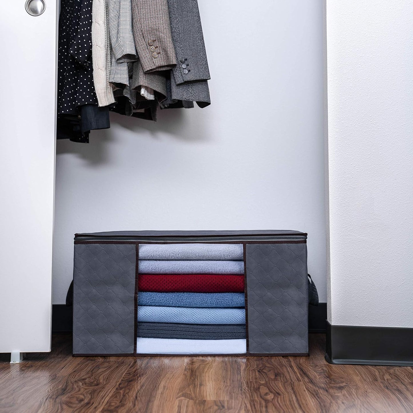 VENO 3 Pack Oversize Clothes Storage Bag Organizer with Reinforced Handle Thick Fabric for Comforters, Blankets, Bedding, Foldable with Sturdy Zipper, Clear Window, Grey, Reusable (34 Gallon)