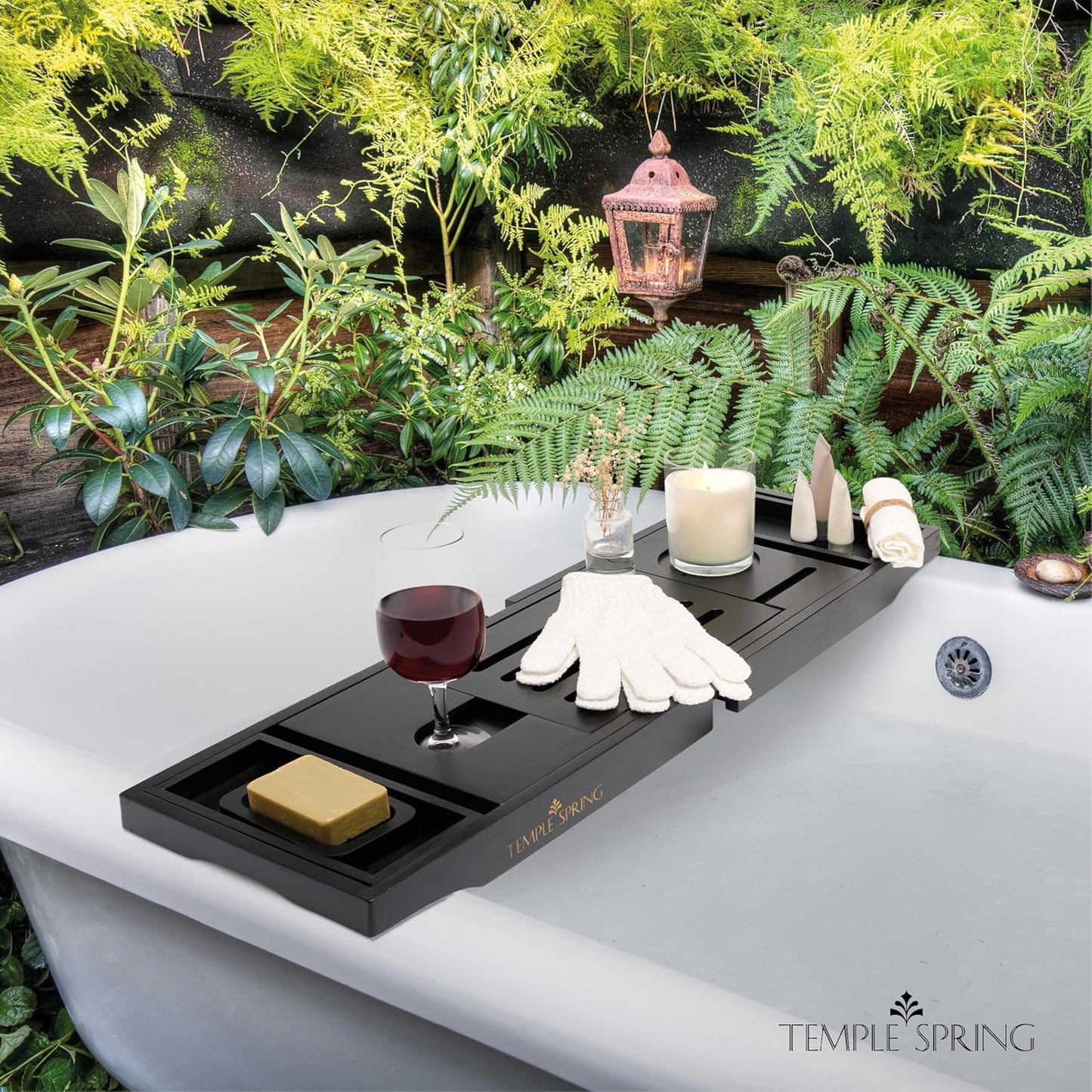 Temple Spring Wooden Bathtub Tray, Bamboo Bathroom Accessories, Bath Tray for Tub, at Home Spa Essentials, Board for Tub Table, Bath Caddy for Bathtub Accessories & Bathroom Essentials – Black