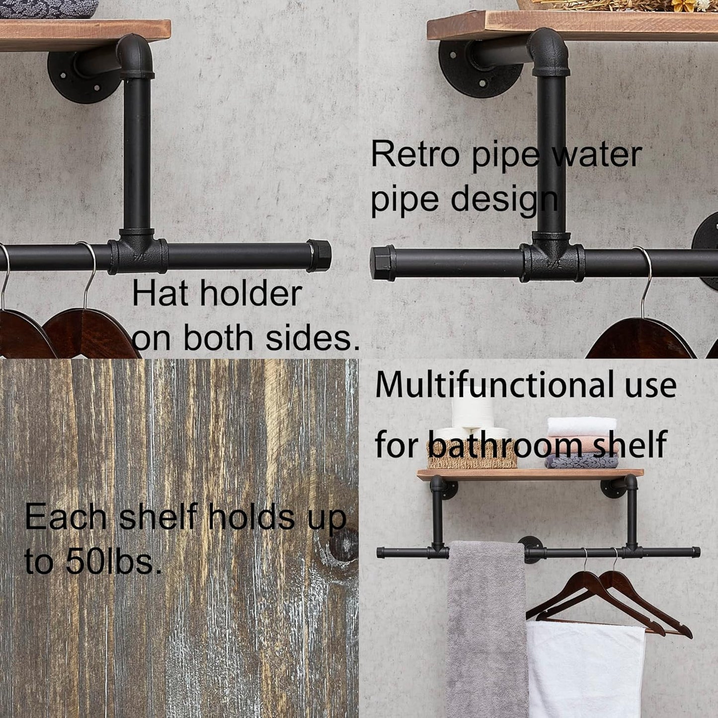 36In Industrial Pipe Clothing Rack with Top Shelf, Space-Saving Wall Mounted Clothes Rack, Shelf with Hanging Rod for Closet Storage, Laundry Room. (1T, Brown)…