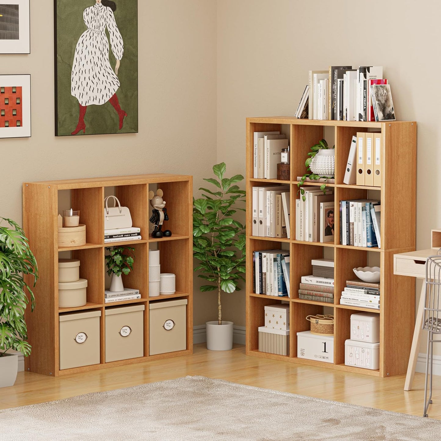 Cube Storage Organizer Bookcase, Decorative 11 inch Open Back Cubical Shelf with Thickened Border, Display Bookshelf for Living Room, Home Office, Sturdy Room (Natural Oak, 9 Cube)