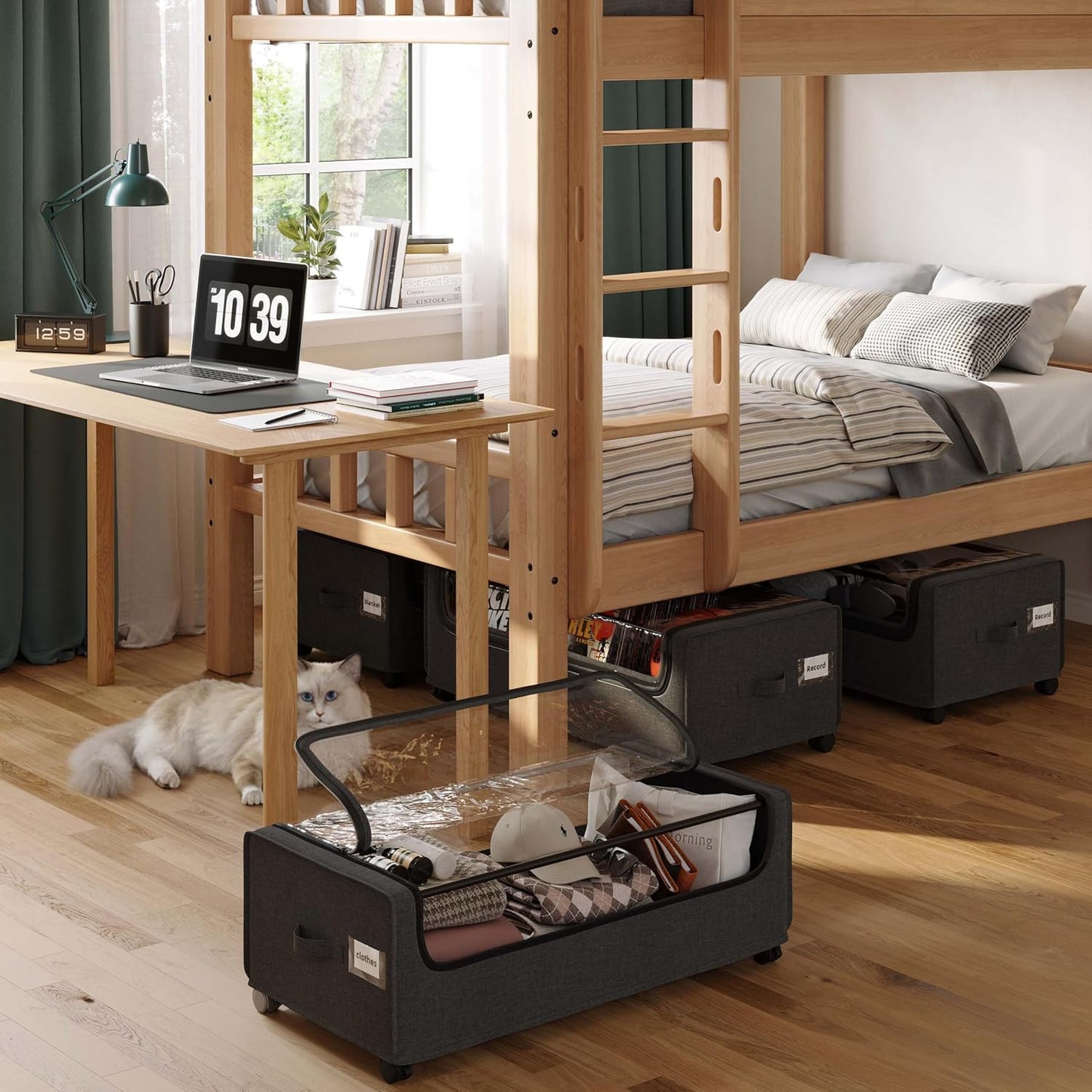 Under Bed Storage With Wheels, Tall Under The Bed Storage Containers With Lids, Underbed Shoe Storage Organizer, Metal Frame, Large Size, 90L