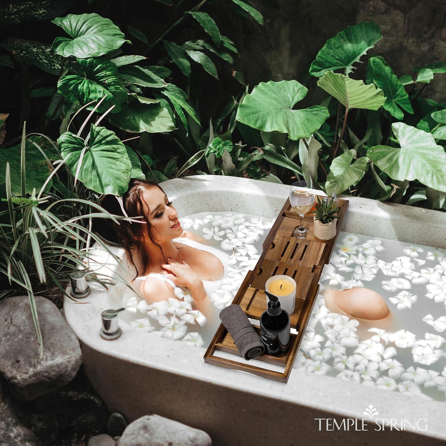 Temple Spring Foldable Bathtub Tray, Unique Design Selfcare Bathroom Caddy, Acacia Spa Bathroom Tray, Wooden Bathtub Accessories, Wedding Gift/Birthday Gift/New Home Bath Table – Not Teak