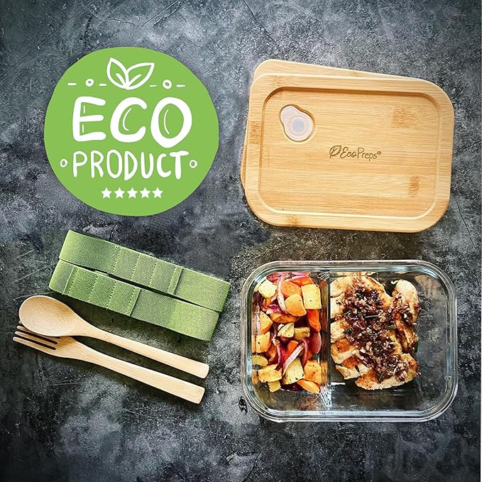 Glass Meal Prep Containers with Bamboo Lids, 2 Compartment Glass Bento Box Container Set (3 Pack) | 100% Plastic Free, Eco-Friendly, Lunch Containers with Lids Made of Bamboo - Set of 3