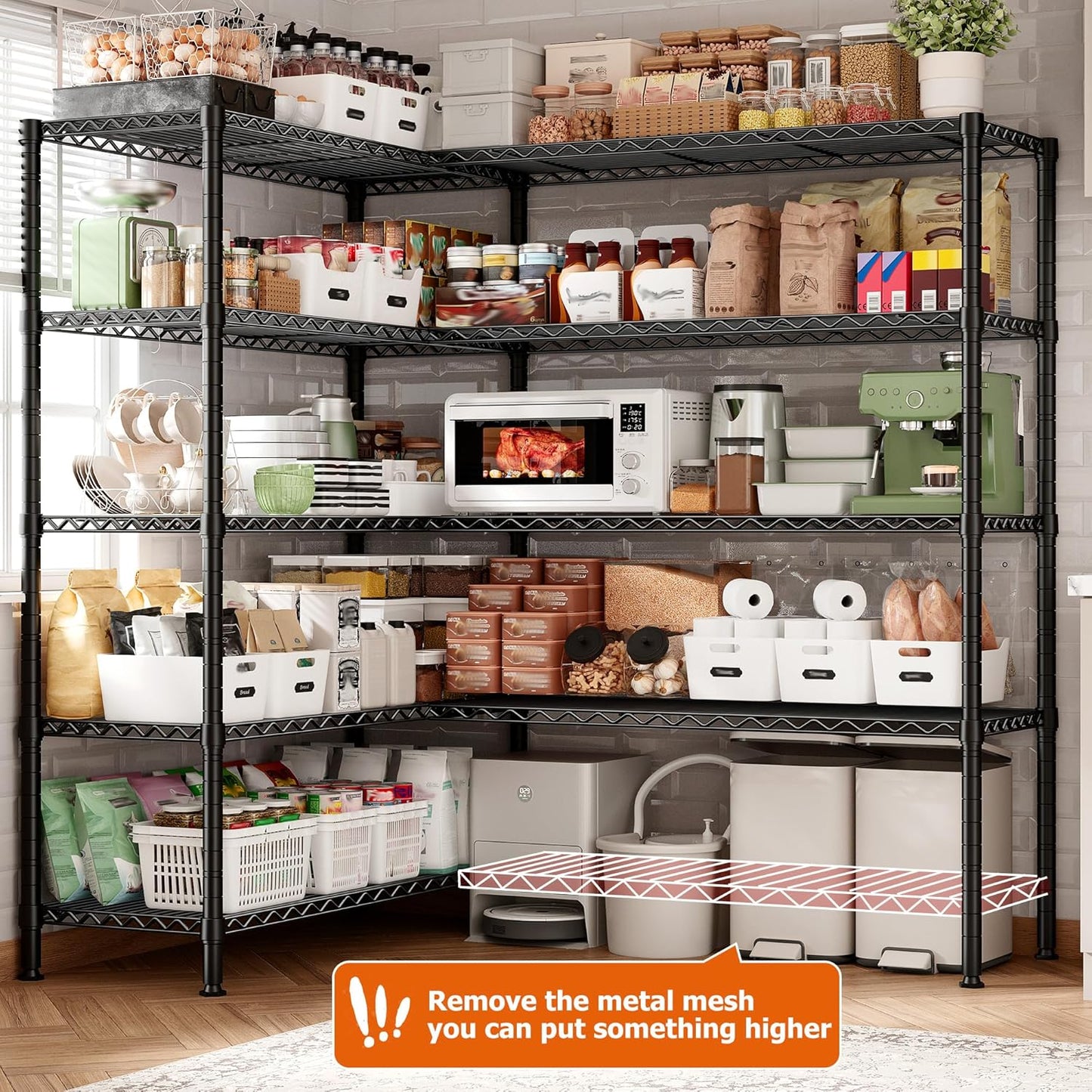 REIBII 1600LBS Storage Shelves 69.8''W Metal Shelving 5 Tier Wire Shelving Unit,Pantry Shelves Kitchen Shelves Adjustable Wire Commercial Shelf for Garage Storage Shelves, 69.8" Wx15.8 Dx72.4 H, Black
