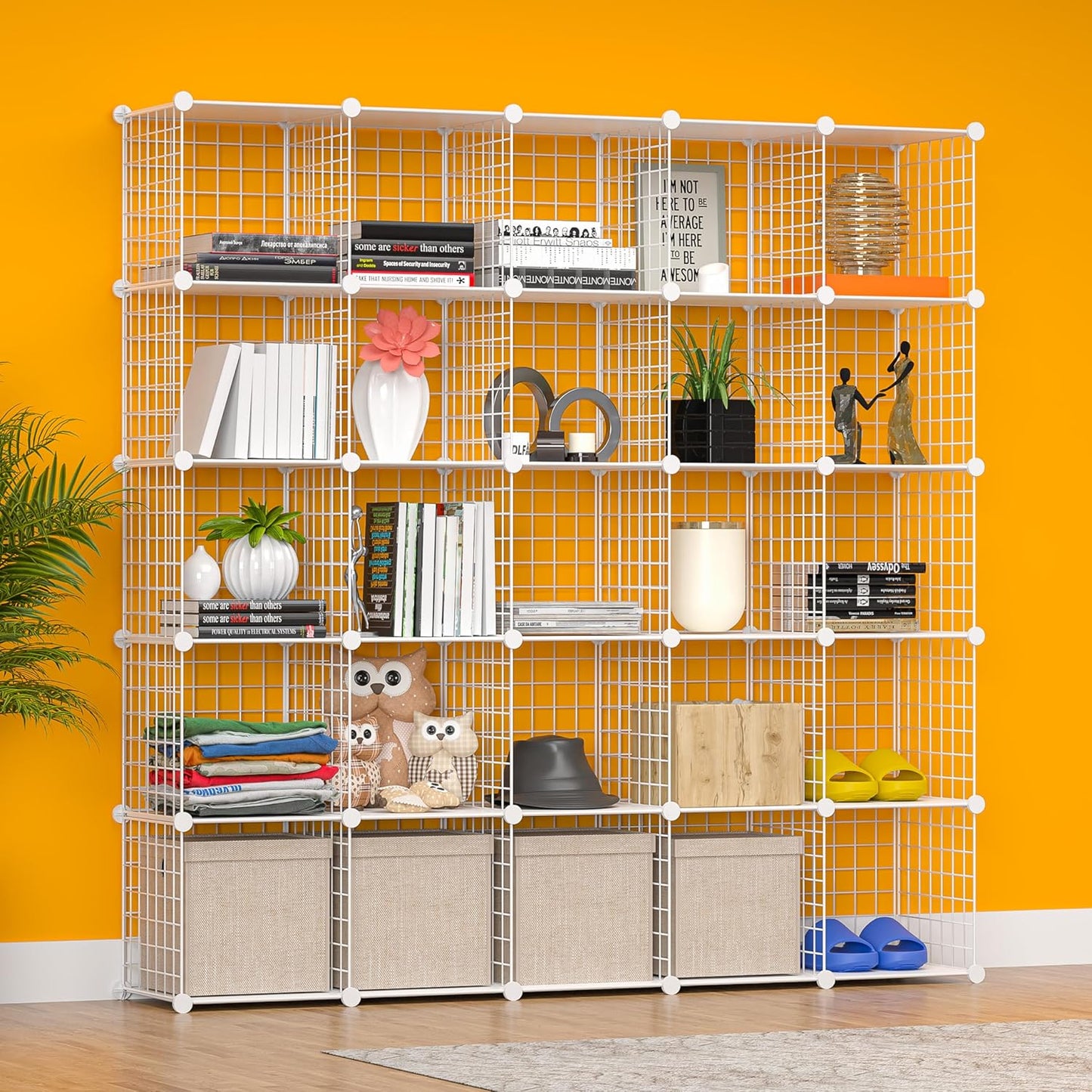 TUMUCUTE Cube Storage Organizer, Metal 25-Cube Shelves Bookshelf, Portable Closet Clothes Organizer for Bedroom, Home, Office, White