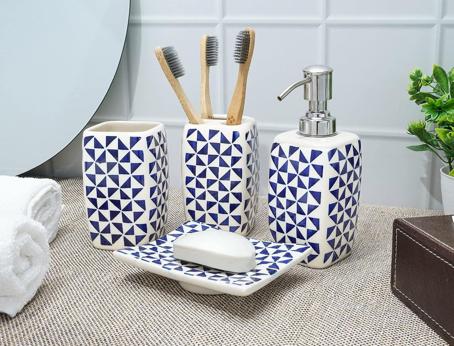 Crocon Handmade Ceramic Bathroom Accessories Set of 4 Soap Dispenser Toothbrush Stand Soap Dish/Tray Tumbler Home Decoration Bathroom Countertop Vanity Organizer Complete Bath Luxury Accessory