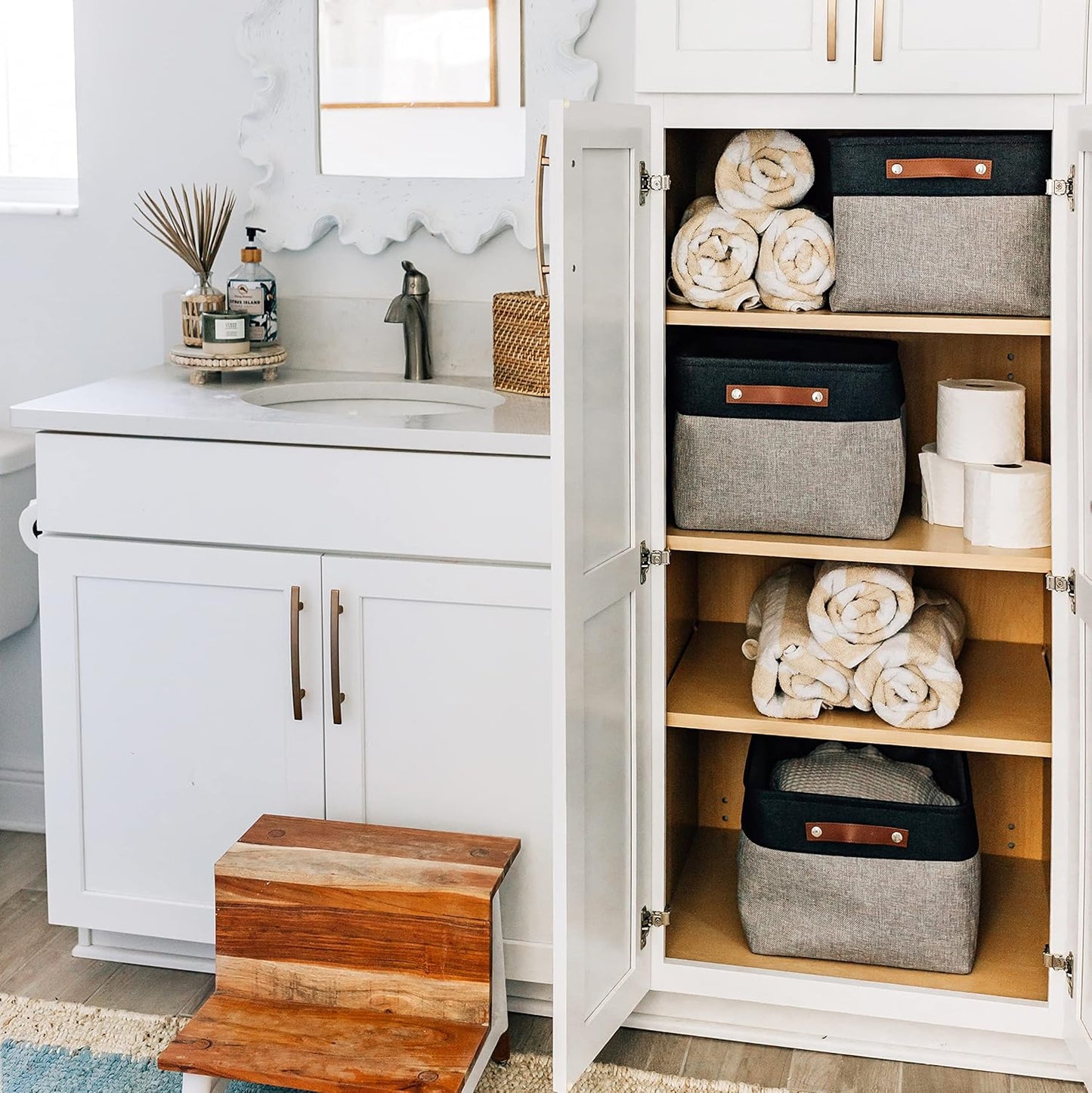 OrganiHaus Extra Large Fabric Storage Baskets for Shelves 3 Pack, 16x13in Closet Storage Bins for Shelves, Canvas Baskets for Organizing, Linen Closet Organizers, Cloth Basket, Gray/Black