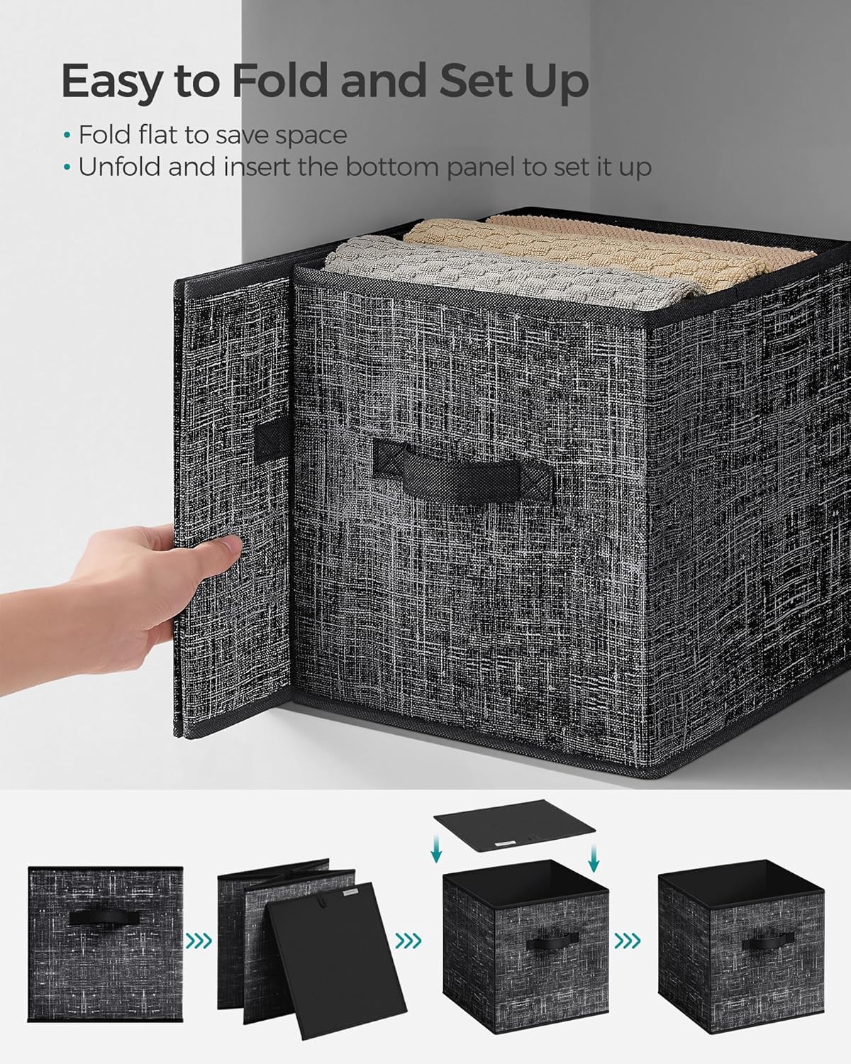 SONGMICS Storage Cubes, 10.2 x 10.2 x 11 Inches Non-Woven Fabric Bins with Double Handles, Set of 8, Closet Organizers for Shelves, Foldable, for Clothes, Ink Black UROB826B01