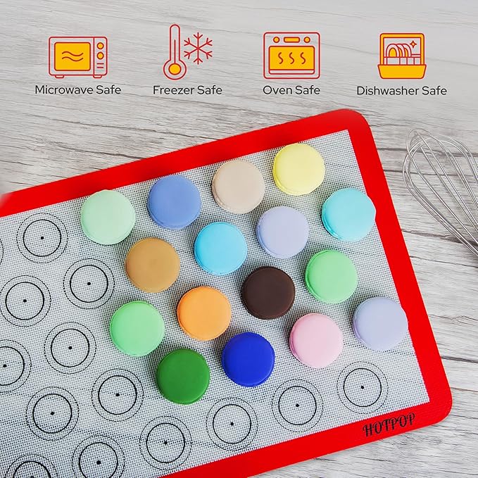 HOTPOP Piping Bags and Tips Set for Macarons - 17-Piece Baking Supplies Kit - Reusable Silicone Pastry Bags - 2 Half-Size Baker Mats - Ideal for Home Pastry Baking (16.5"x11.5")