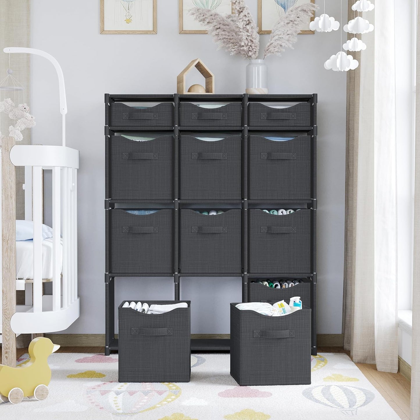 12 Cube Closet Organizers And Storage | Includes All Storage Cube Bins | Easy To Assemble Closet Storage Unit With Drawers | Room Organizer For Clothes, Baby Closet Bedroom, Playroom, Dorm (Dark Grey)