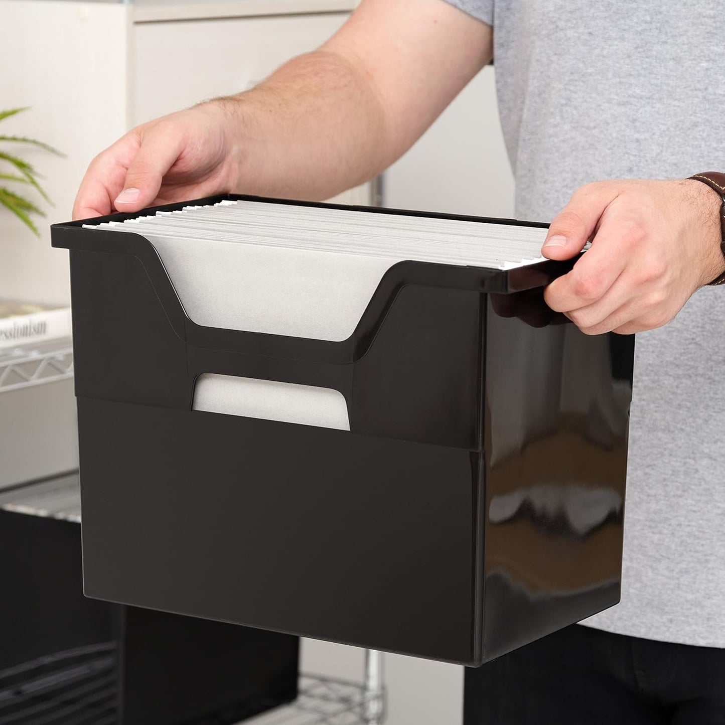 IRIS USA Large Portable Desktop File Box with Open Lid, 4 Pack, Side Handles, Hanging File Folders, Tabs & Inserts, Letter Size, Magazines, Newspapers, Mail, Books, Notebooks, Black