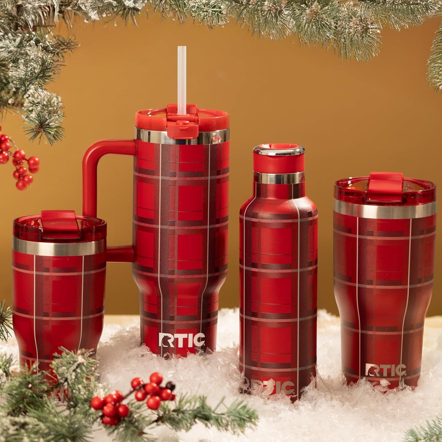 RTIC 20oz Essential Tumbler with Lid, Ceramic Lined, Insulated, Stainless Steel, Metal, Double Wall Vacuum-Insulation, Travel Cup for Iced Coffee, Tea, Hot and Cold Drink, Red Plaid