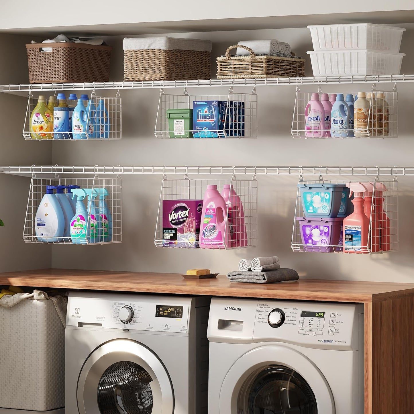 4-Tier Hanging Laundry Room Organizer: Foldable Wire Shelf Basket with 2 Large Hooks 1.65" & 360°Rotating Hooks – Space-Saving Laundry Storage Basket, for Wardrobe Closet Storage, White Patent