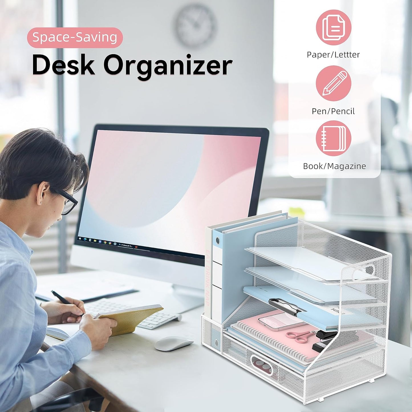 SUPEASY Desk Organizer with File Holder, 5-Tier Mesh Paper Letter Tray and 3 Tilted File Sorter for Office Supplies, White