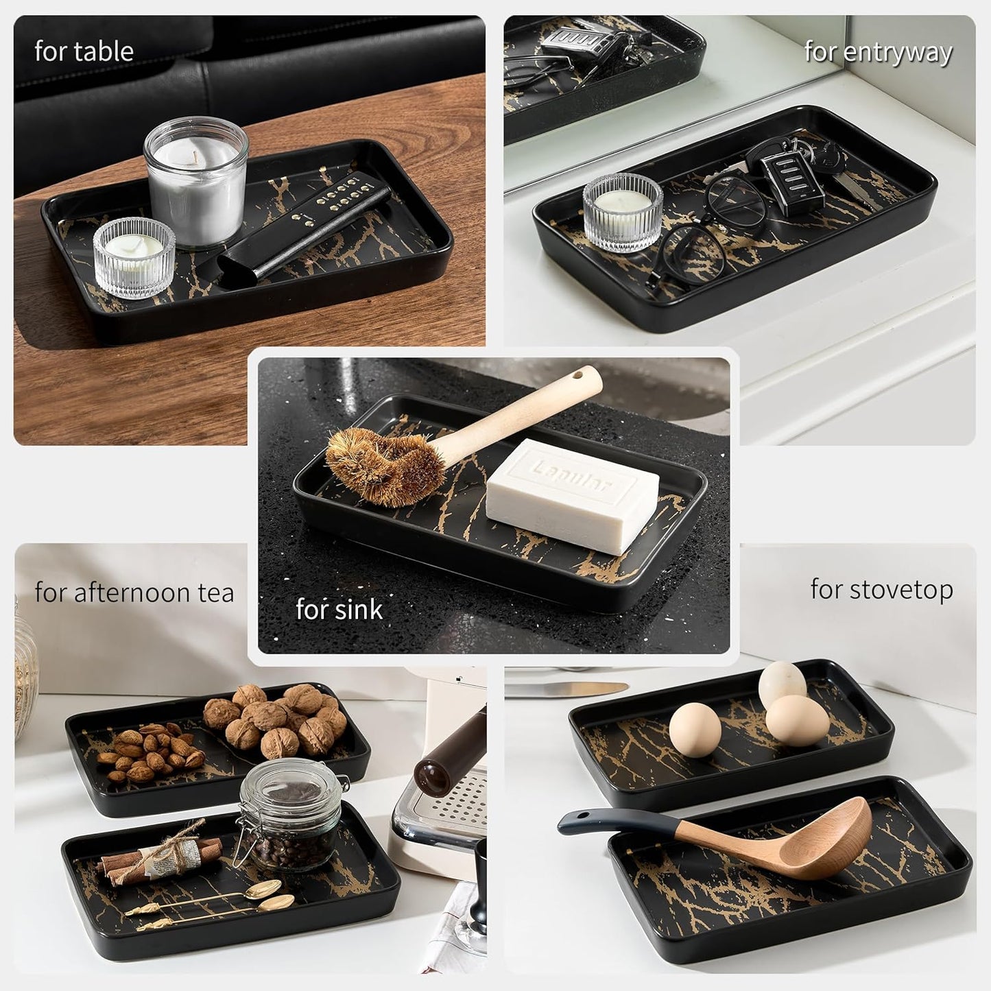 Bathroom Vanity Tray for Countertop,2PC Rectangle Marble Tray Set,Decorative Bathroom Organizer for Scrubber, Lotion Bottles, Perfume, Jewelry, Candle, Key Trinket Ring(Large,Black)