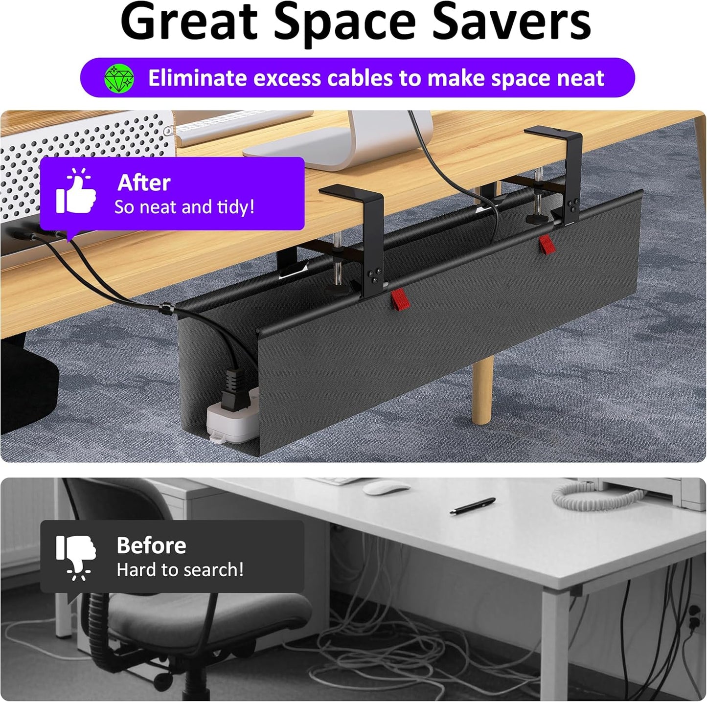 Under Desk Cable Management Tray - Under Desk Cord Management - Clamp/Screw Mount - Fabric Wire Management - Cable Raceways Tray Cord Hiders for Office/Home (Black, 28.6"×5.6")