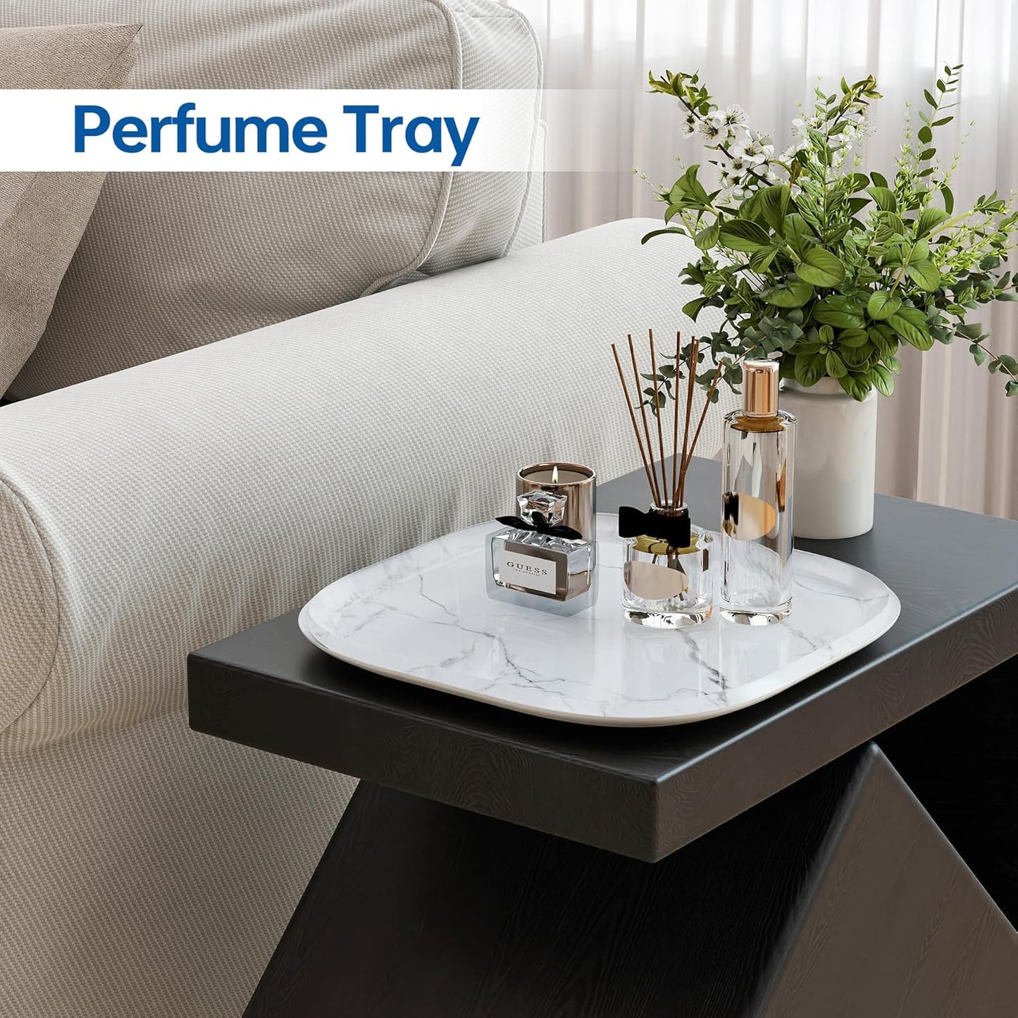 Vanity Decorative Glass Tray,12" x 12" White Marble Pattern Perfume Tray, Bathroom Tray Countertop Organizer for Soap Towel, Jewelry, Candle