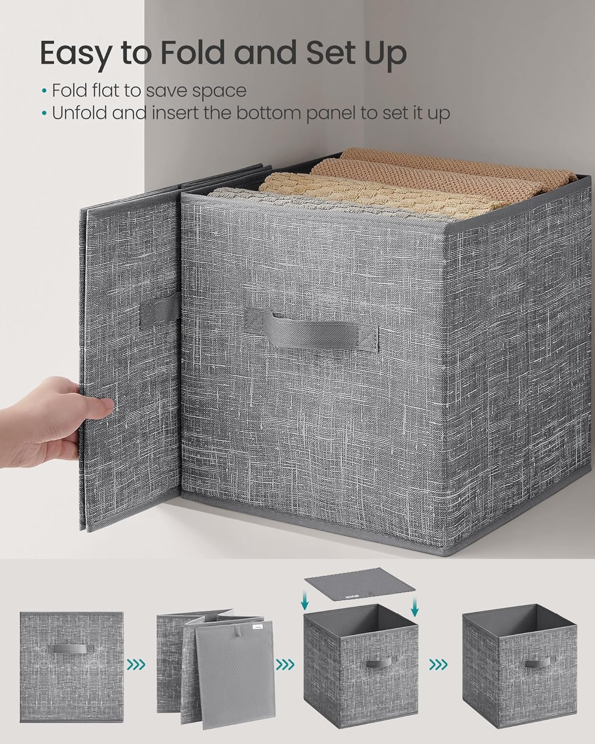 SONGMICS Storage Cubes, 13 x 13 x 13 Inches Non-Woven Fabric Bins with Double Handles, Set of 10, Closet Organizers for Shelves, Foldable, for Clothes, Cattail Gray UROB133G01