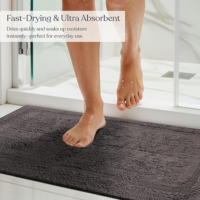 Delara Organic Cotton Reversible Bath Mat – 3000 GSM, GOTS Certified, Ultra-Thick & Super Absorbent | Soft, Plush & Quick-Drying Bathroom Rug (Dark Grey, 24x44)