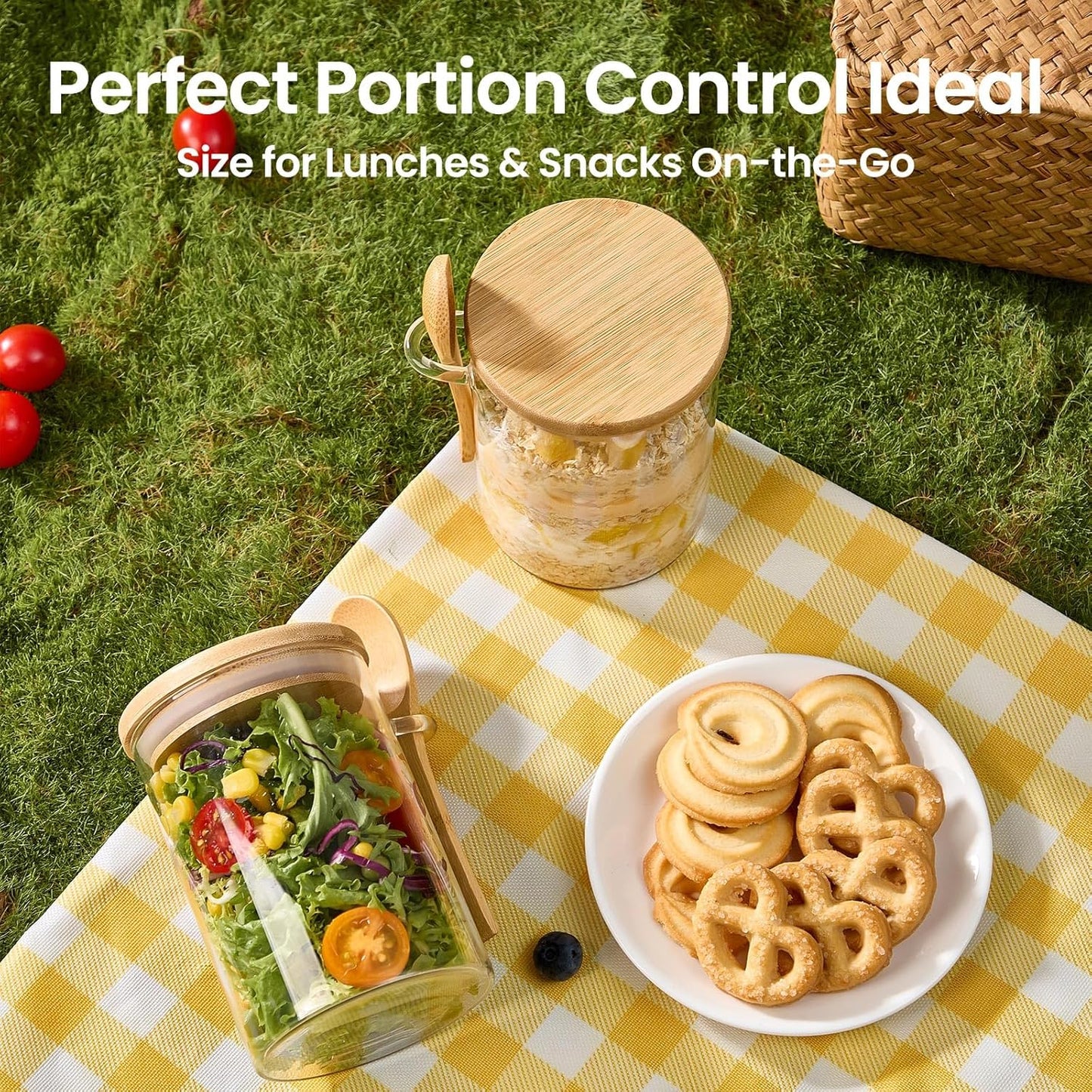 4 Pack Overnight Oats Containers with Bamboo Lids and Spoons - 22 oz Airtight Glass Jars with Lid, Meal Prep Jars for Chia Pudding, Yogurt, Salad, Cereal, Coffee, Flour | Food Storage Canister