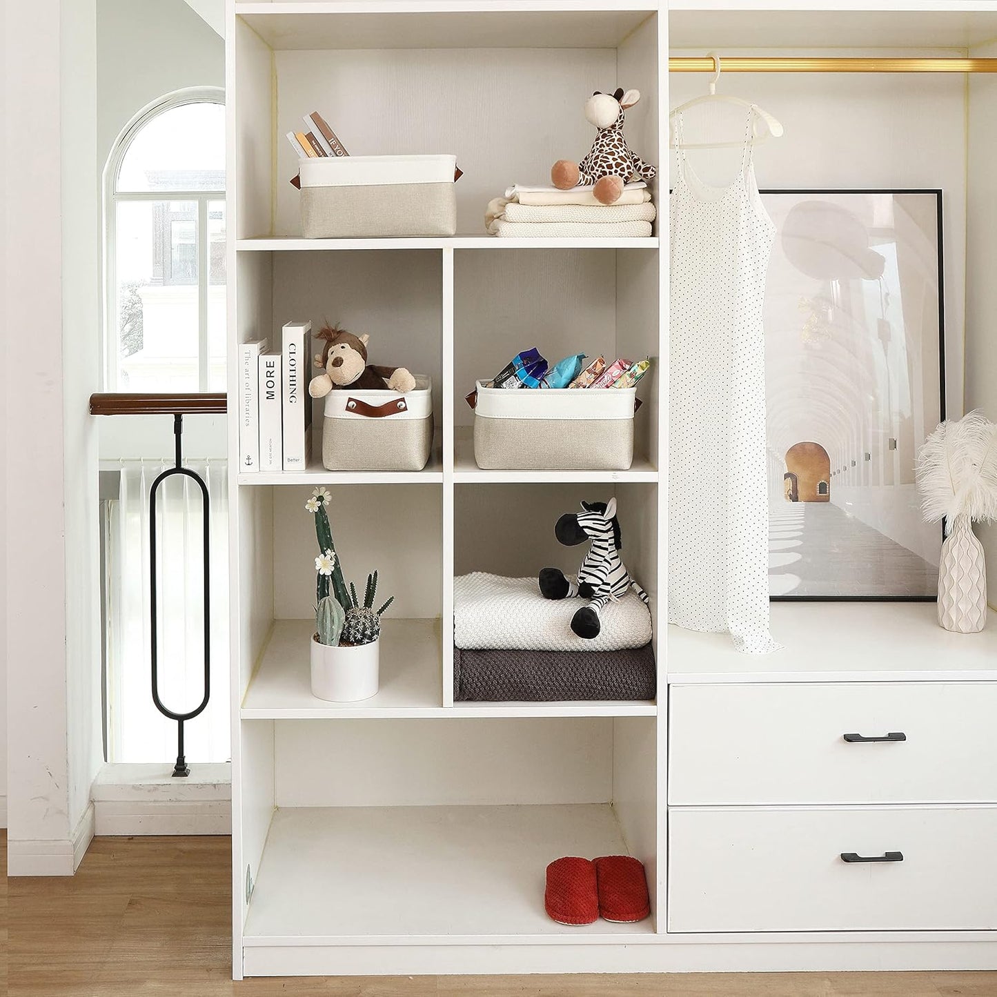 OrganiHaus Small Fabric Storage Baskets for Shelves 3 Pack, 12x08in Closet Storage Bins for Shelves, Canvas Baskets for Organizing, Linen Closet Organizers, Cloth Basket, Beige/Off-White