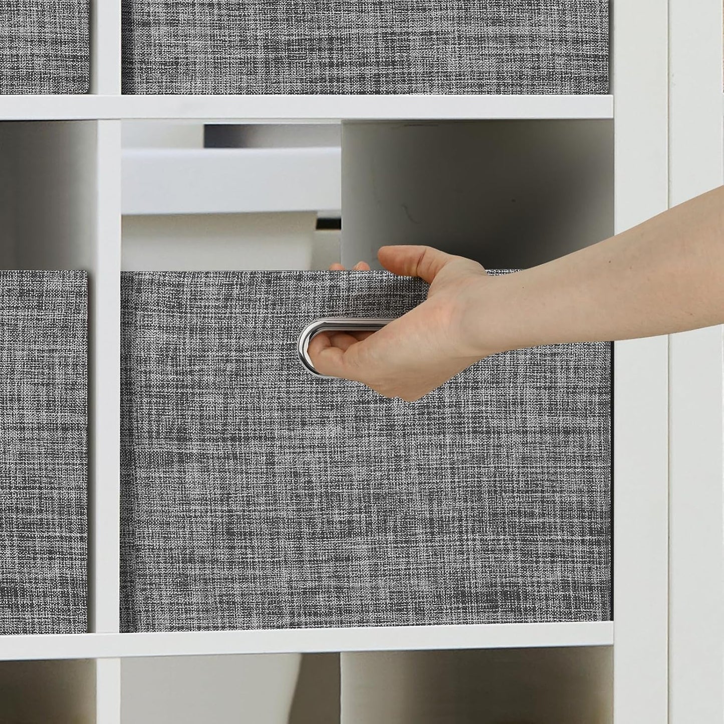 Posprica Closet Storage Bins, 4 Pack Closet Shelf Organizers, Linen Fabric Decorative Storage Baskets for Organizing, Foldable Storage Box for Clothes, Toy, 15x10.5x8.25 Inch (Black)