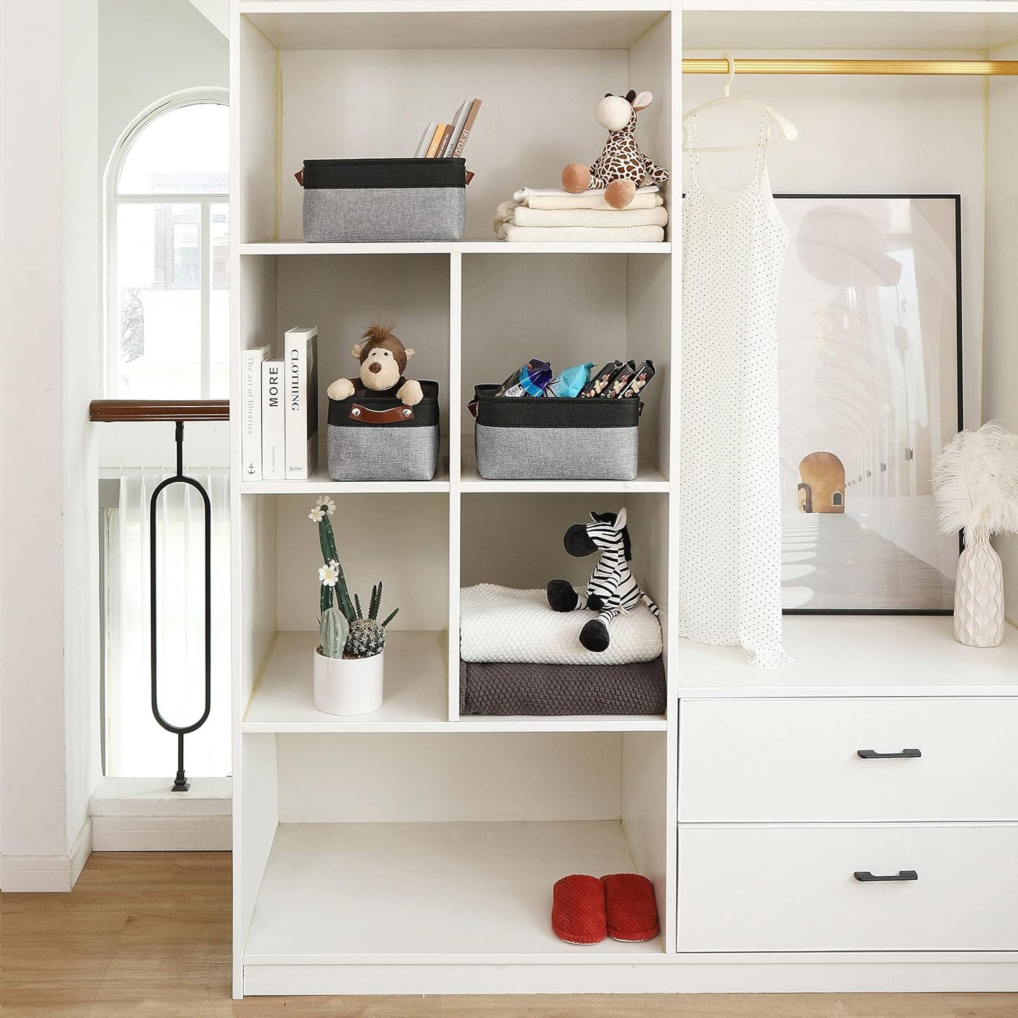 OrganiHaus Small Fabric Storage Baskets for Shelves 3 Pack, 12x08in Closet Storage Bins for Shelves, Canvas Baskets for Organizing, Linen Closet Organizers, Cloth Basket, Gray/Black