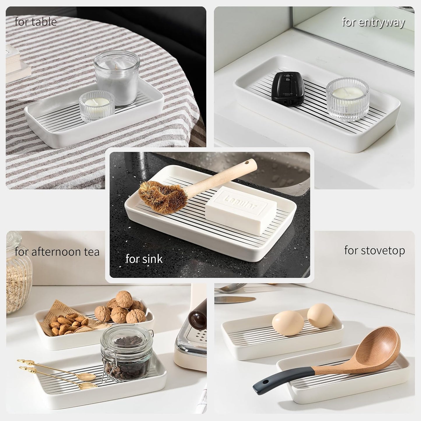 Bathroom Vanity Tray for Countertop,2PC Rectangle Striped Tray,Decorative Bathroom Organizer for Scrubber, Lotion Bottles, Perfume, Jewelry, Candle, Key Trinket Ring(Small,White)