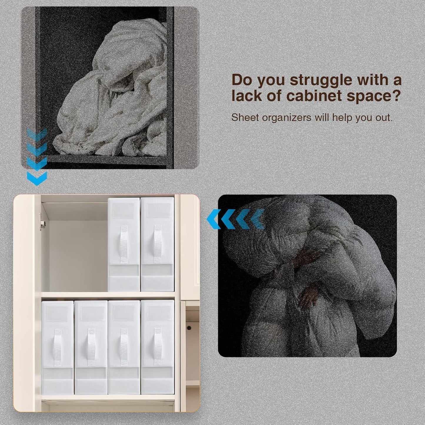 DIMJ Bed Sheet Organizers and Storage 8 Pack - Foldable Sheet Organizer for Linen Closet, Bedding Storage Box for organization, Sheets Set Holder for Blanket, Towel (King & Queen Size), White