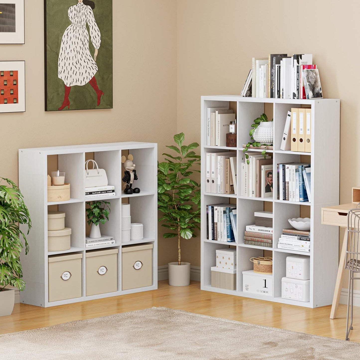 Cube Storage Organizer Bookcase, Decorative 11 inch Open Back Cubical Shelf with Thickened Border, Display Bookshelf for Living Room, Home Office, Sturdy Room (White, 9 Cube)