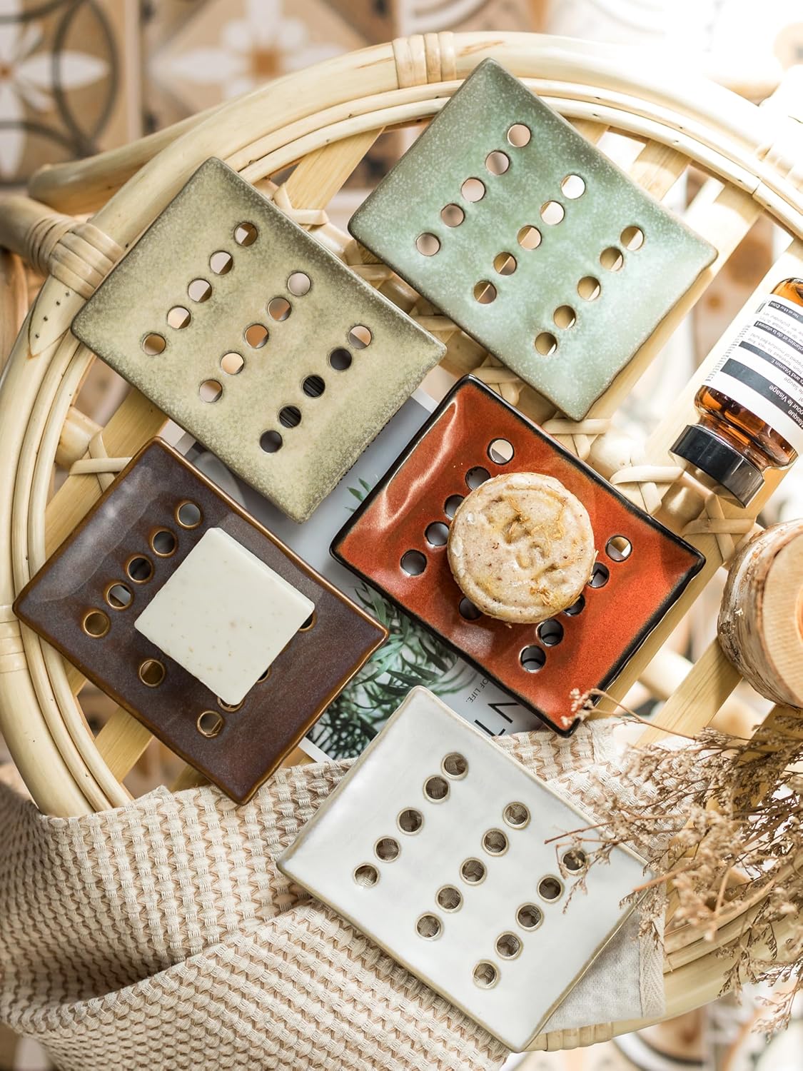 Soap Holder with Self Drain, Ceramic Soap Dishes for Bar, Shower, Japanese Soap Tray for Kitchen and Bathroom, Keep Sink Dry and Tidy, Red