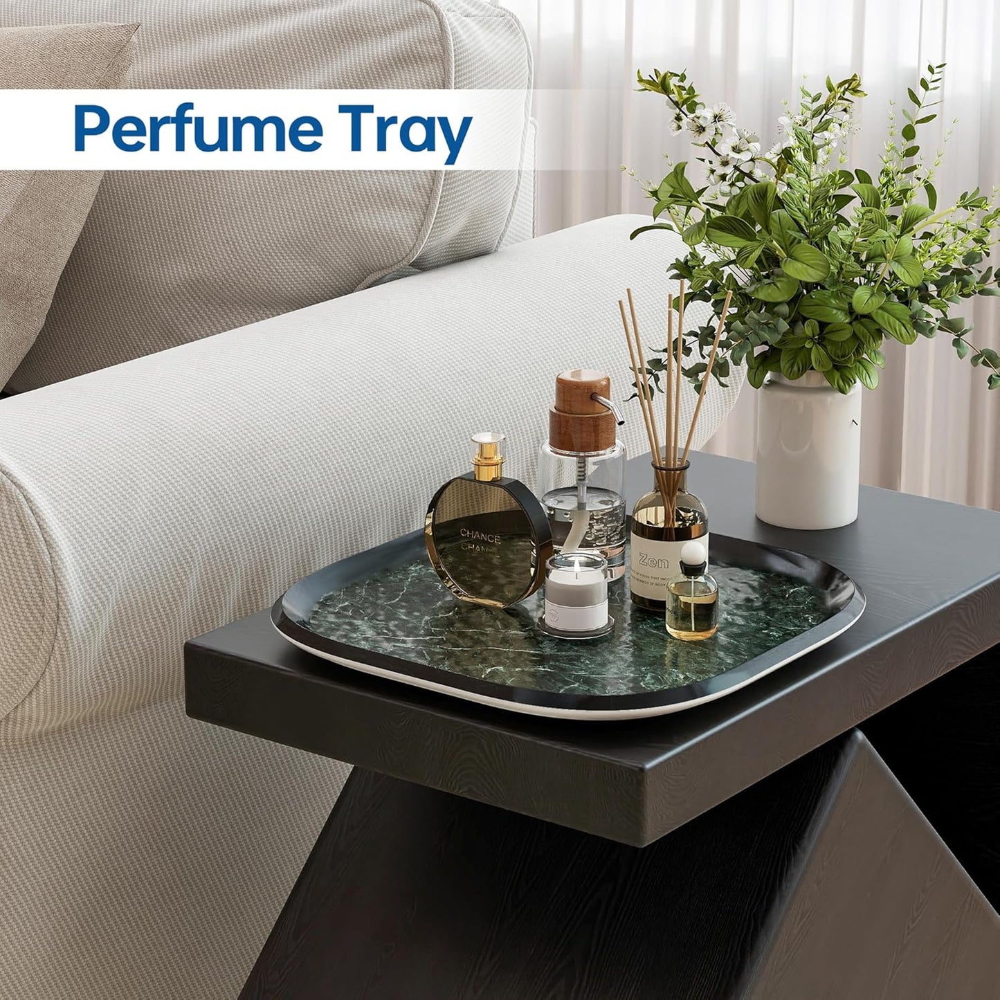 Vanity Decorative Glass Tray,12" x 12" Green Marble Pattern Perfume Tray, Bathroom Tray Countertop Organizer for Soap Towel, Jewelry, Candle