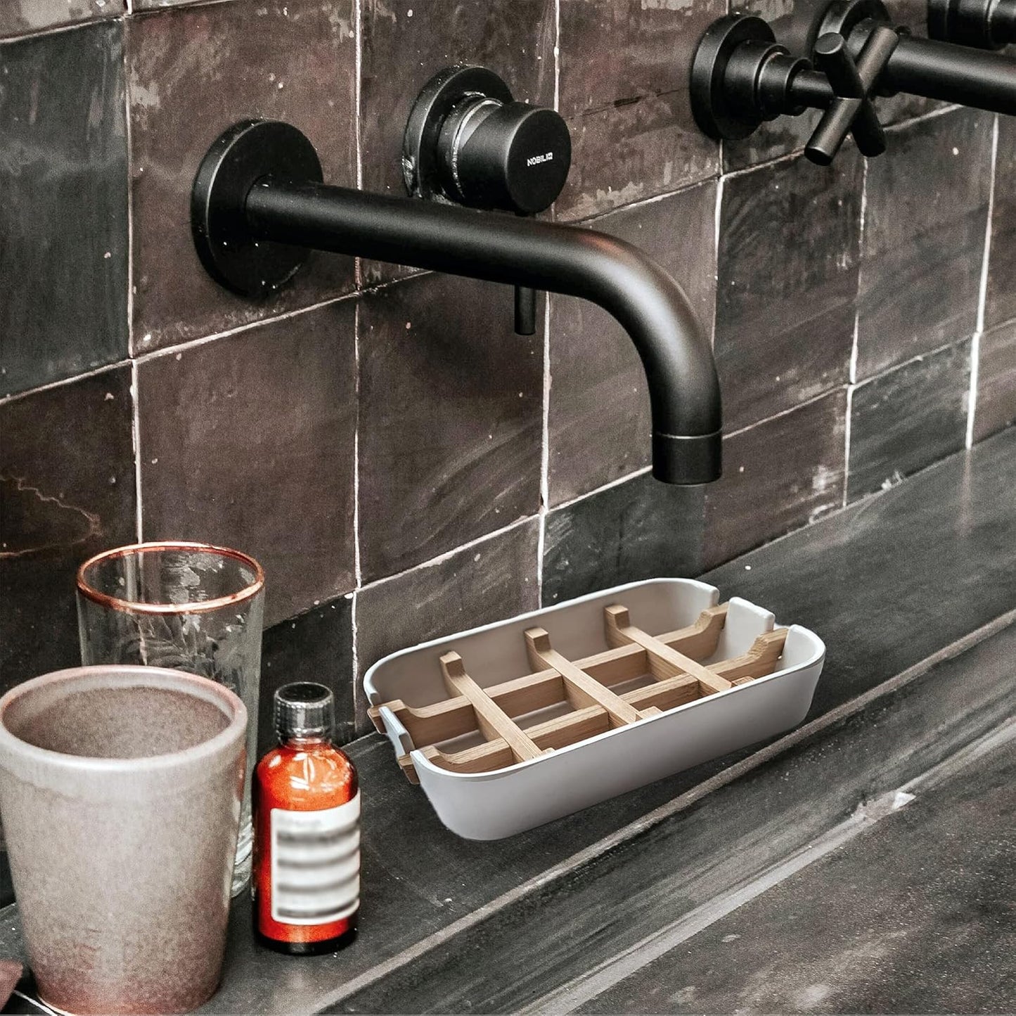 Aoheuo Modern Bamboo Fiber soap Holder and soap Dish Combination (Removable),5.12 Long by 3 Wide, 0.98 inches high, Used in Kitchens, bathrooms, and bar Sinks (Black(2 Pack))