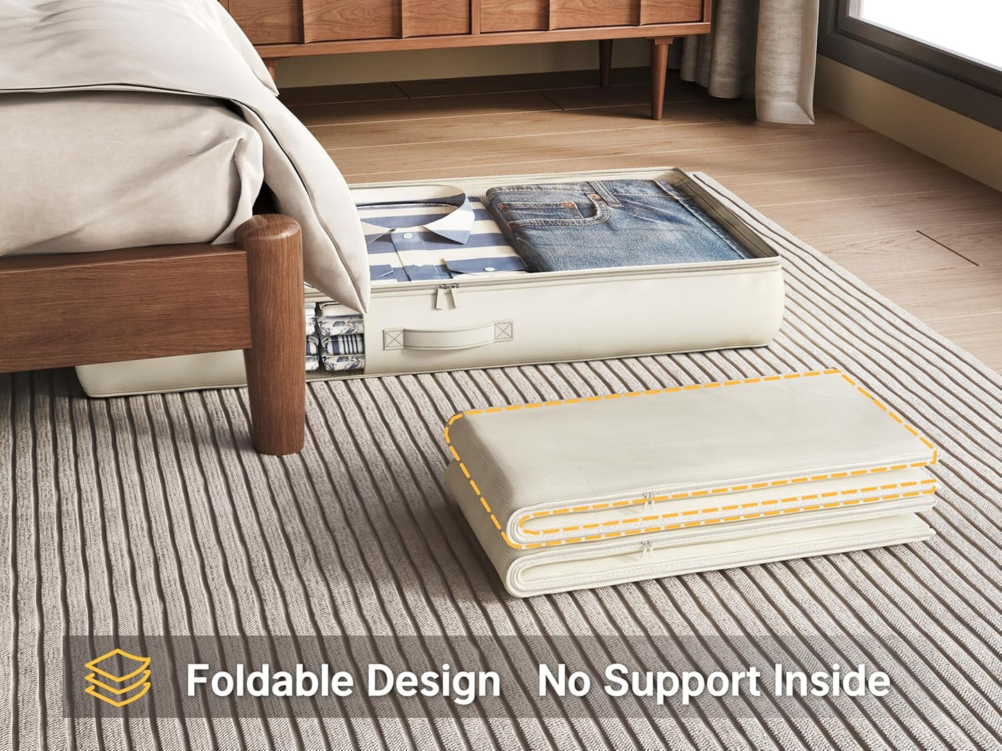 Soft-Sided Foldable Under bed Storage Bags with Window,No Rigid Frame Closet Organizers,Storage Containers for Blankets, Clothing, Comforter, Collapsible Fabric Design,4 Pack, White Ivory