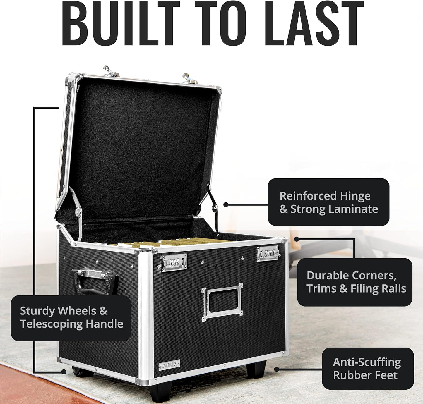 Vaultz Portable File Storage Box with Handle - 14.5" x 17.5" x 15.5" Letter/Legal Size Mobile Lock Box - Double Combination Locking Cabinet - Black