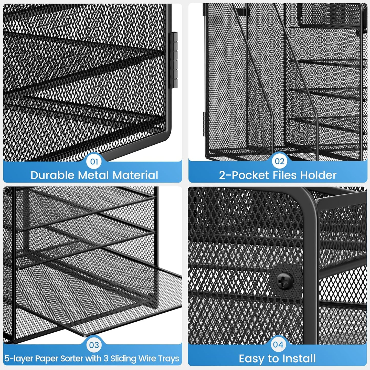 Lavatino Desk Organizer, 5-Tier Metal Mesh Paper Letter Tray with 2 File Holders & 7 Flexible Dividers for Office or Home Desk Organizers and Accessories, Keep Workspace Supplies Neat, Black