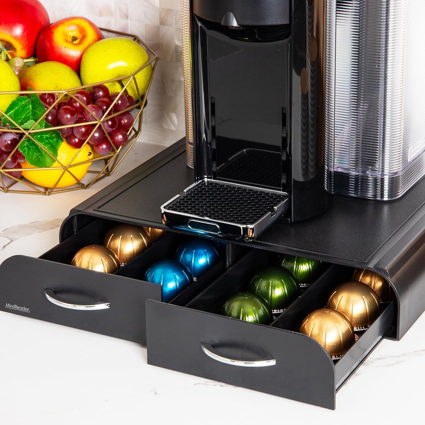 Mind Reader Single Serve Coffee Pod Organizer with 2 Drawers, Compatible with 18 Vertuoline (7.77 fl oz) or 72 Original Nespresso (1.35 fl oz) capsules, Plastic, 13.25"L x 12.75"W x 2.5"H, Black