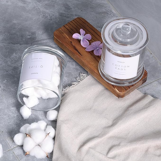 Qtip Holder & Cotton Pad Dispenser, Bathroom Organizer and Storage Canisters, 16oz Glass Apothecary Jars for Kitchen, Restroom - Home Decor, Room Decor Aesthetic (2 Pack, Transparent)