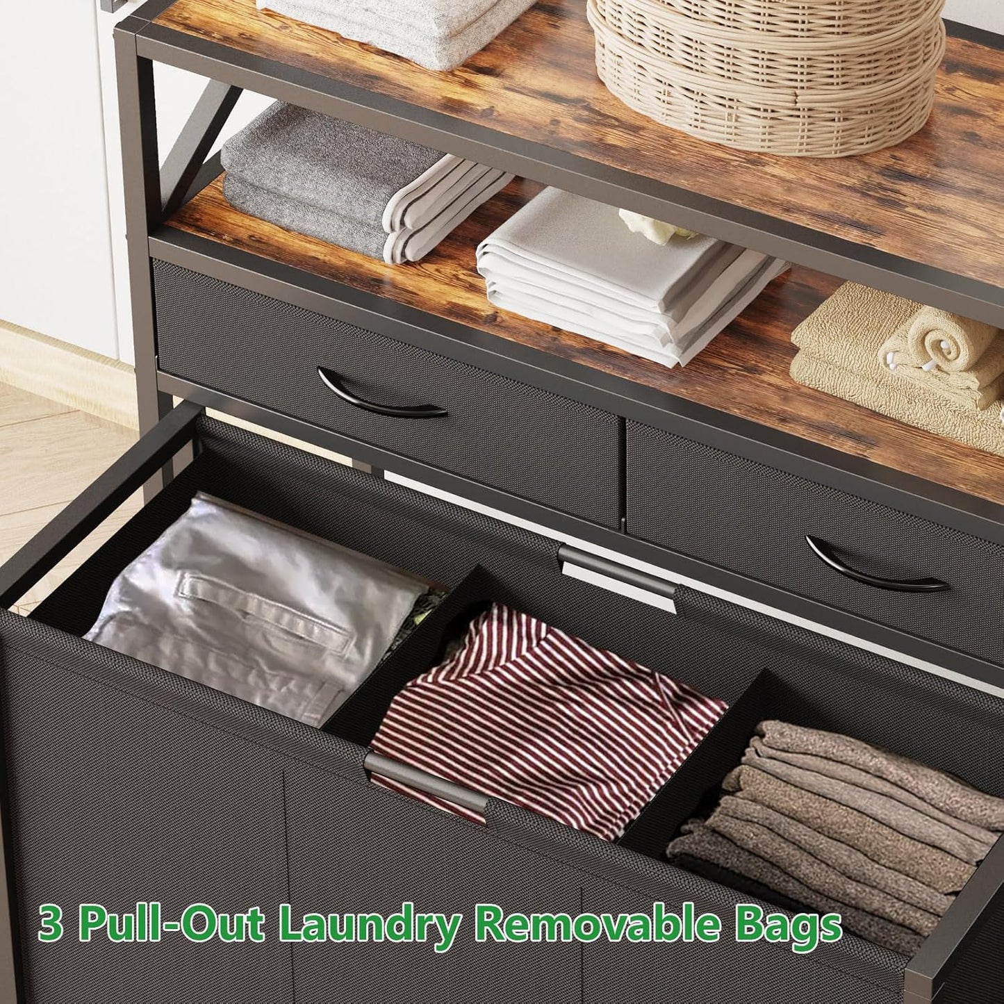 Laundry Hamper 3 Section, 150L Rolling Laundry Sorter Basket with 2 Shelves and 2 Drawers, 3 Compartment Clothes Organizer Cart with Wheels, Pull-Out Bags for Laundry Room, Bathroom, Bedroom