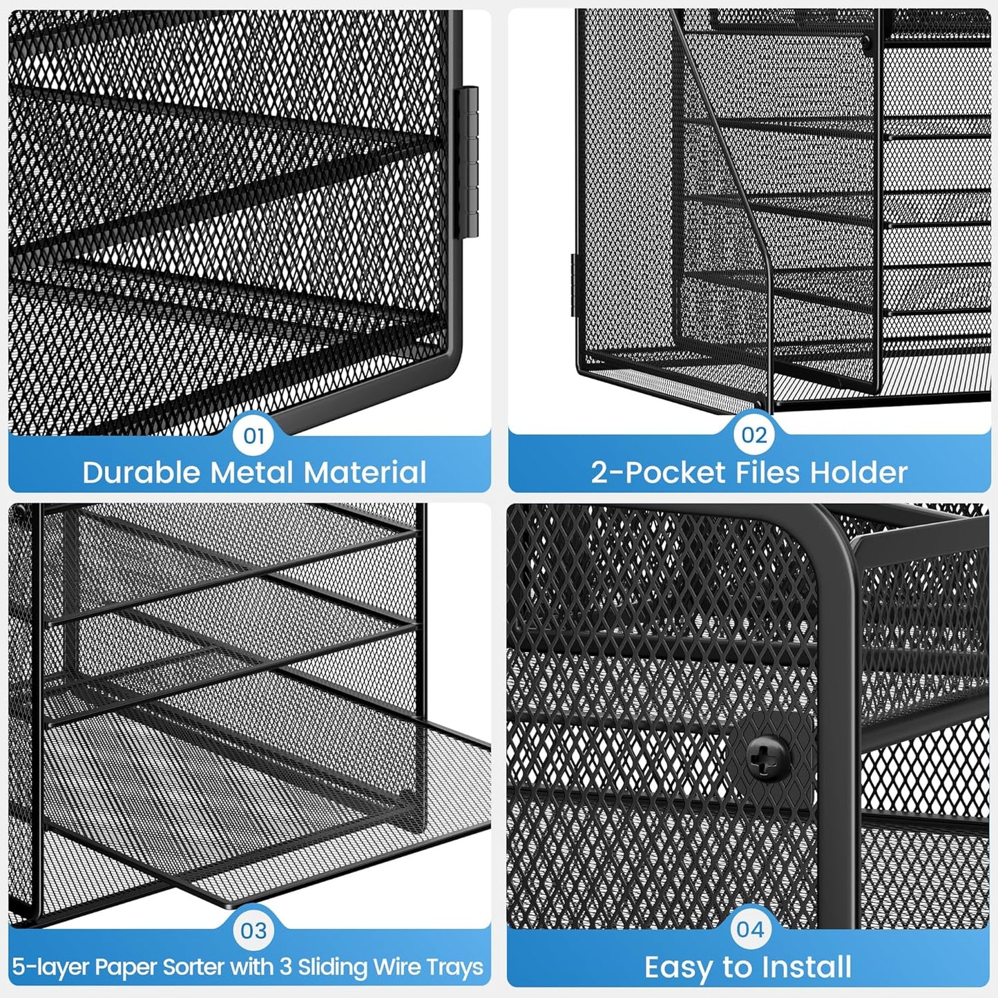 Lavatino Desk Organizer, 5-Tier Metal Mesh Paper Letter Tray with 1 File Holders & 7 Flexible Dividers for Office or Home Desk Organizers and Accessories, Keep Workspace Supplies Neat, Black