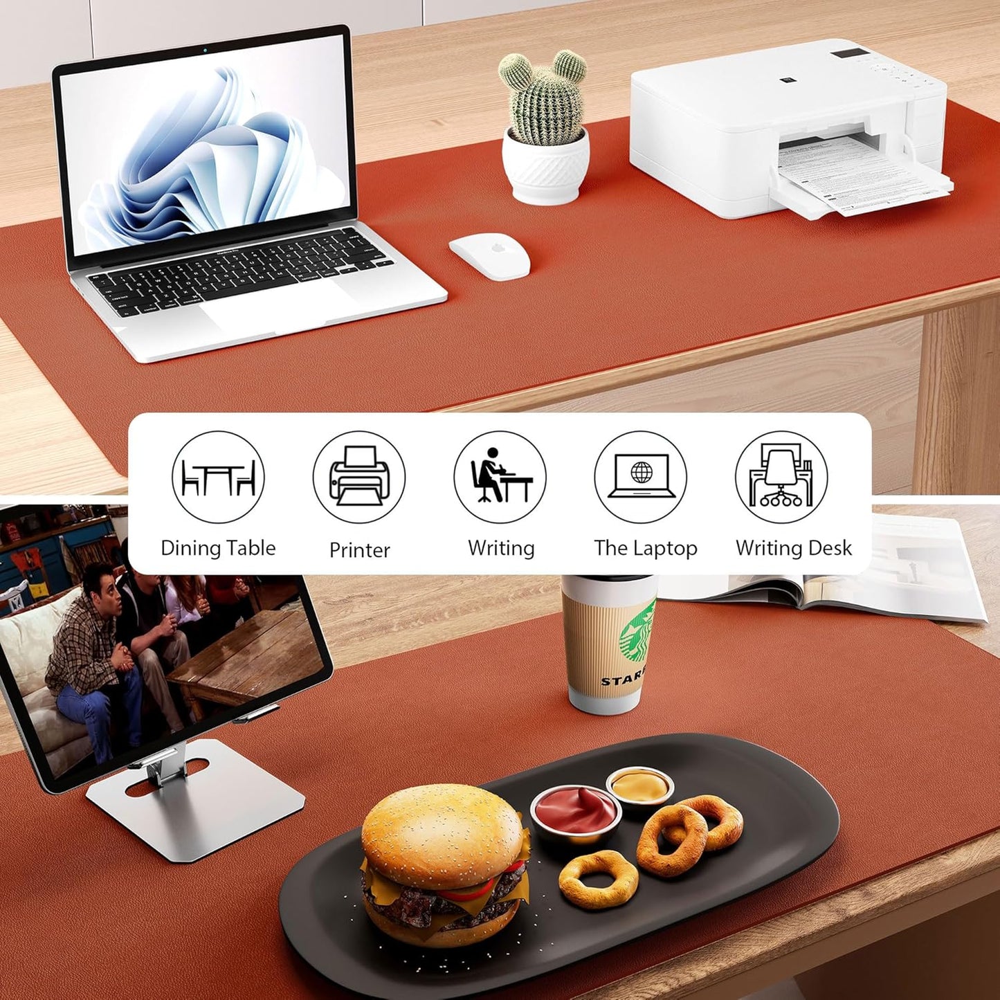 Aothia Dual-Sided Desk Mat - Leather & Cork Desk Protector, Large Mouse Pad & Writing Pad for Office/Home, Maple Brown (37.8"x17")