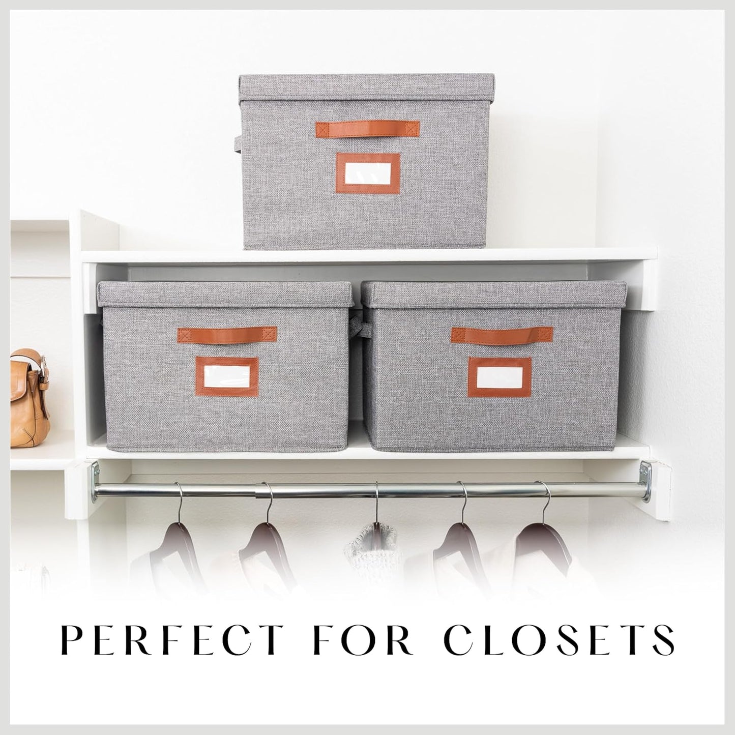 3 Pack Large Fabric Storage Box with Lid - Decorative Bin with Lid, Label Holder, Faux Handles - Large Decorative Storage Boxes with Lids for Organizing Clothes, Blankets - Steel Gray