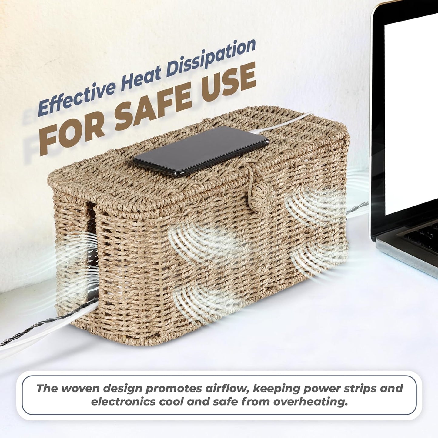 2-Pack Large Cable Management Box, Natural Rattan Cable Cord Organizer Boxes for Power Strip ā 2 Open Slots Cords Hider Box for TV Wires, Computer, Router, USB Hub and Under Desk Power Strip