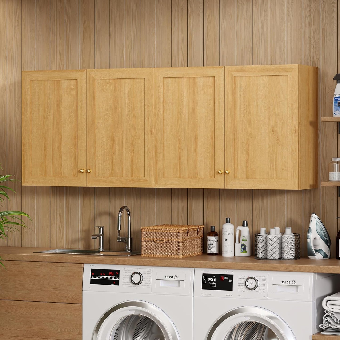 Bathroom Wall Cabinets Set of 2 Wall Mounted Storage Cabinet with Adjustable Shelves Floating Cupboard Kitchen Organizers Pantry Cabinet for Living Room, Laundry Room, Natural Oak