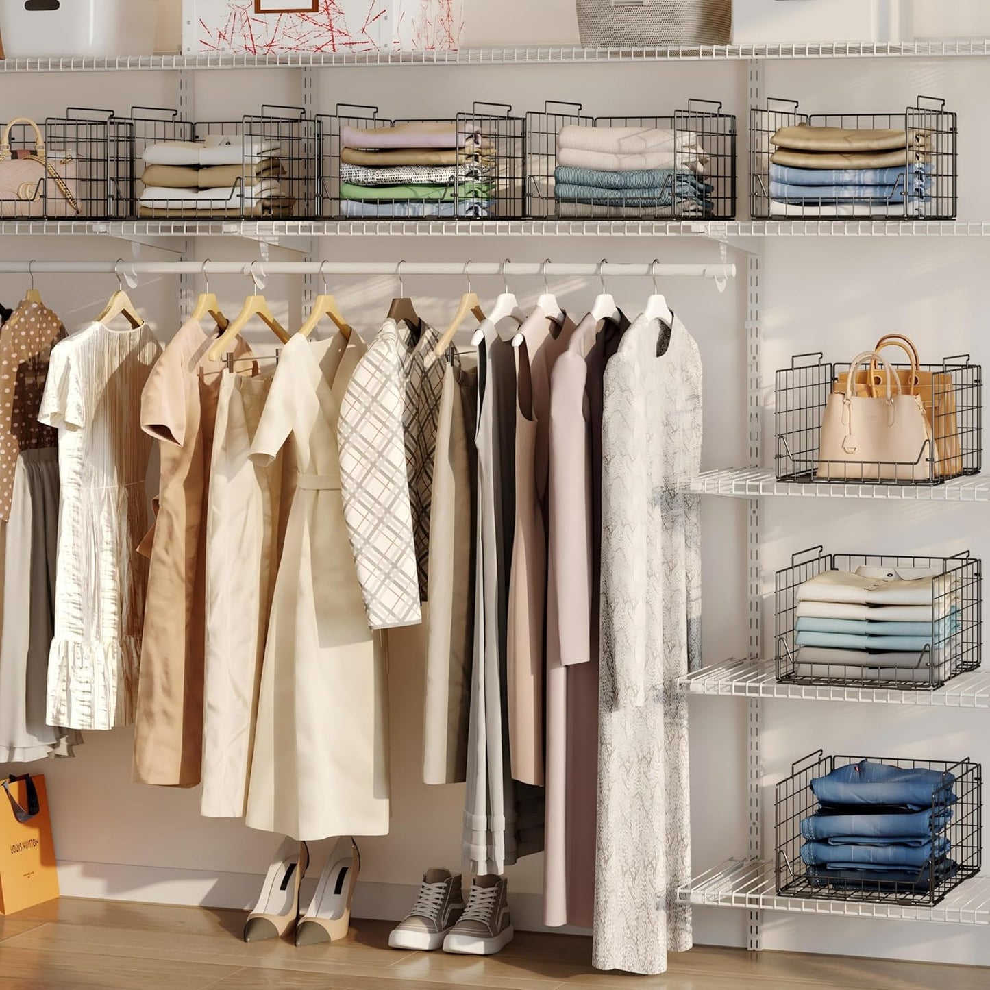 5-Tier Stackable Closet Organizer Shelf – Foldable Metal Storage Bins for Clothes, Sweaters & Towels | Stylish Black Wire Baskets for Bedroom, Wardrobe, Dorm or Entryway